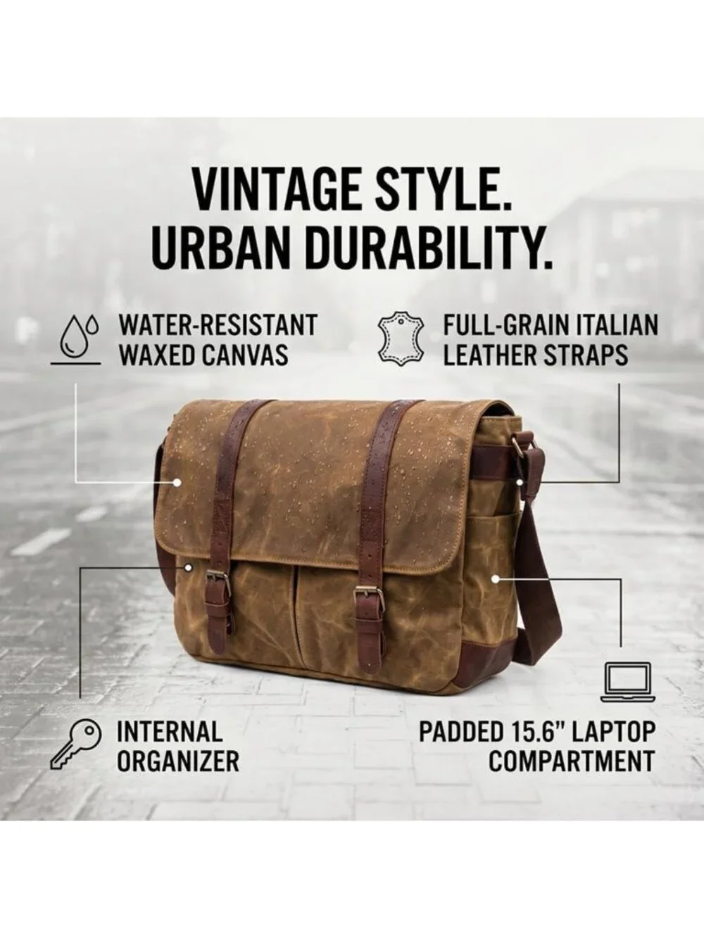 Vintage Leather Waxed Canvas Briefcase - Large Rugged Satchel for 15.6
